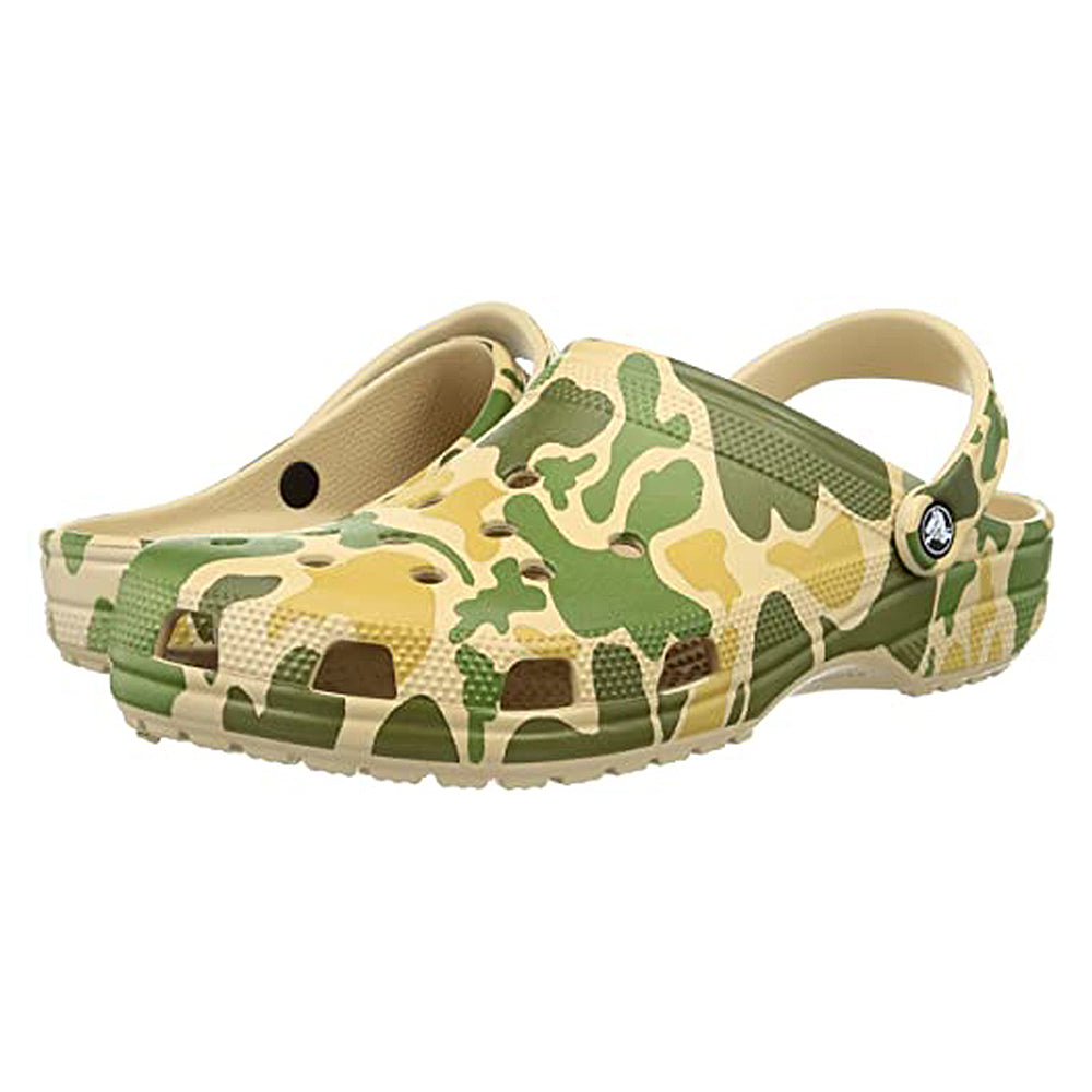 The Crocs Classic Camo Clog - Unisex features green, tan, and beige camo, ventilation holes, and a pivoting heel strap for comfort—perfect slip-on water shoes for everyday wear.