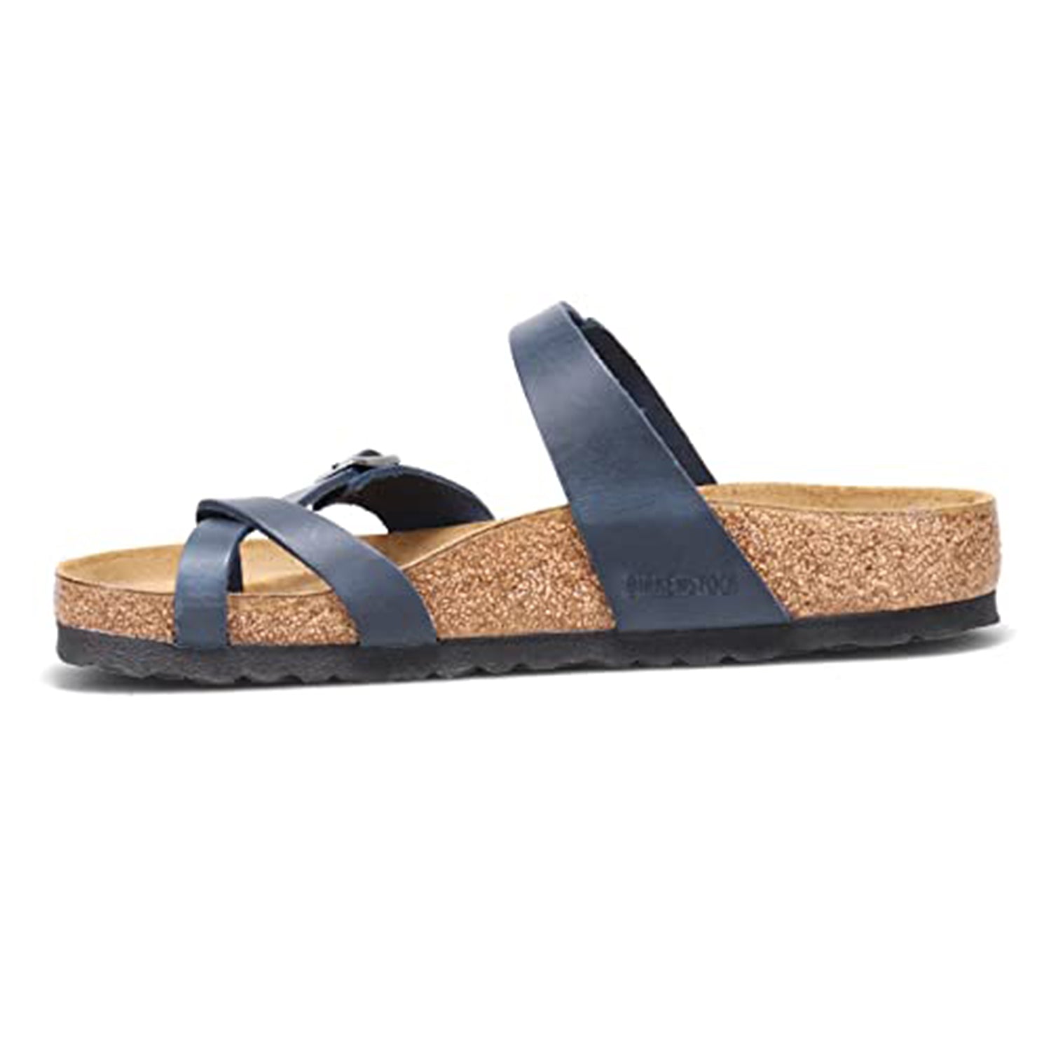 The Birkenstock Mayari Oiled Leather - Women sandal features two dark blue oiled leather straps, a cork contoured footbed, slip-on design, and a low black rubber tread.