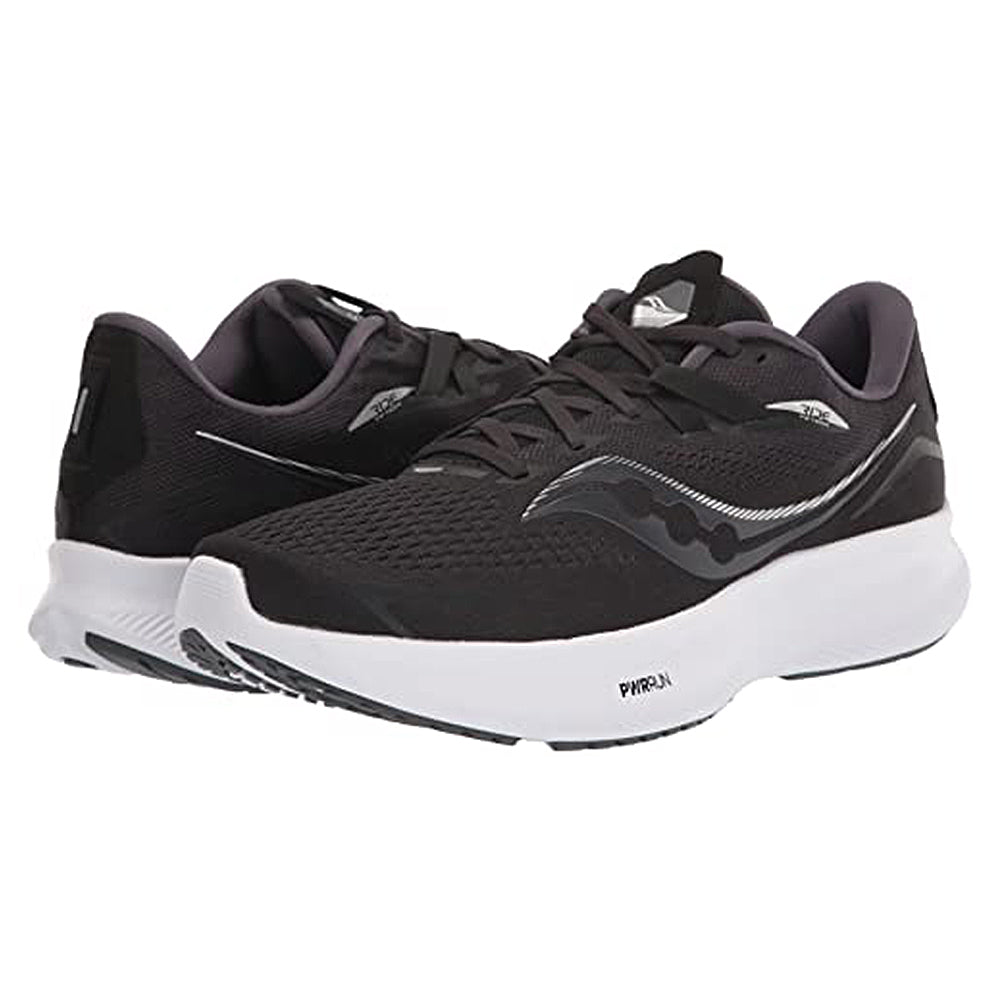The Saucony Ride 15 - Men is shown in black with white soles and gray accents, displayed from front-side and rear-side angles on a white background.