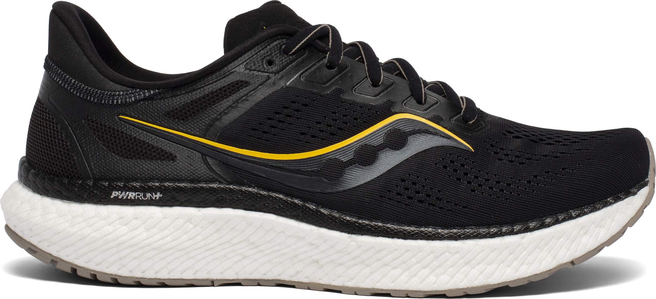 The Saucony Triumph 18 Running Shoe - Mens features a black mesh upper for breathability, black laces, a white cushioned sole with PWRRUN+ comfort, and yellow-gray swoosh detailing on the side.