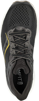 Top view of the Saucony Triumph 18 Running Shoe - Mens shows a luxury mesh upper, white sole with yellow curved detail, black laces, visible toe ventilation, PWRRUN+ cushioning, and supportive guidance frame.