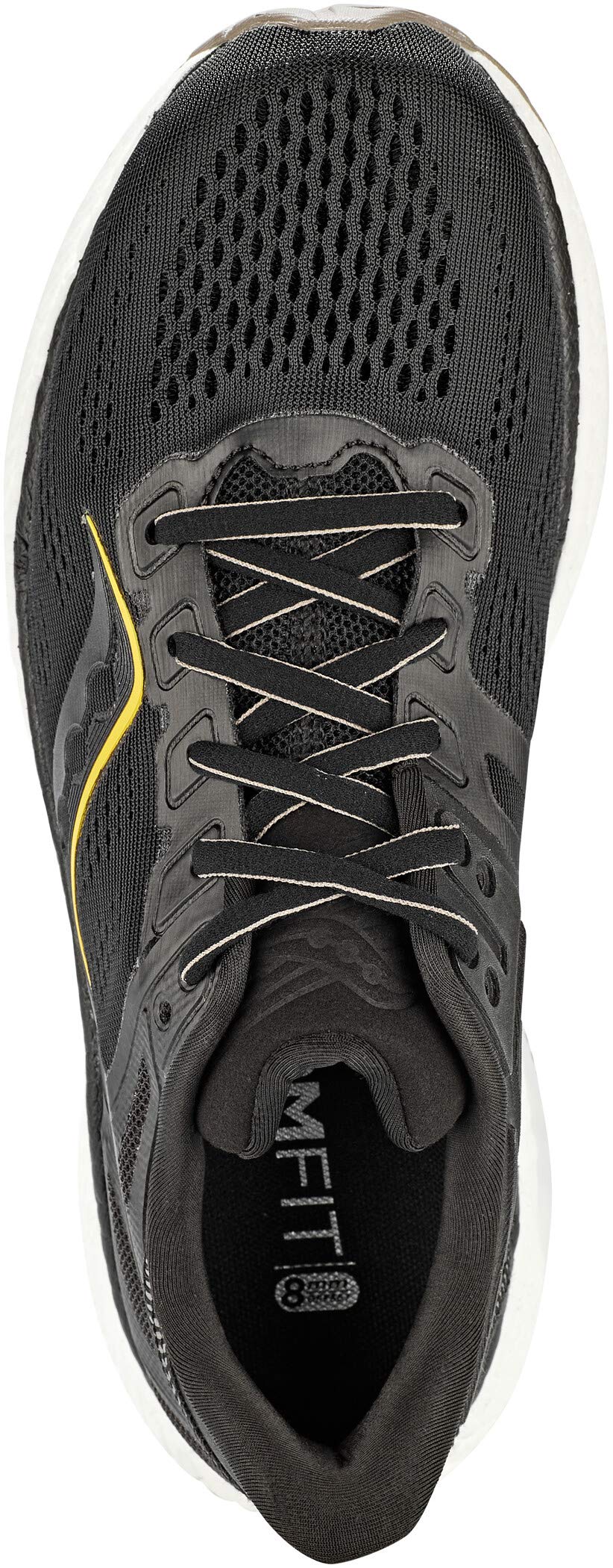 Top view of the Saucony Triumph 18 Running Shoe - Mens shows a luxury mesh upper, white sole with yellow curved detail, black laces, visible toe ventilation, PWRRUN+ cushioning, and supportive guidance frame.