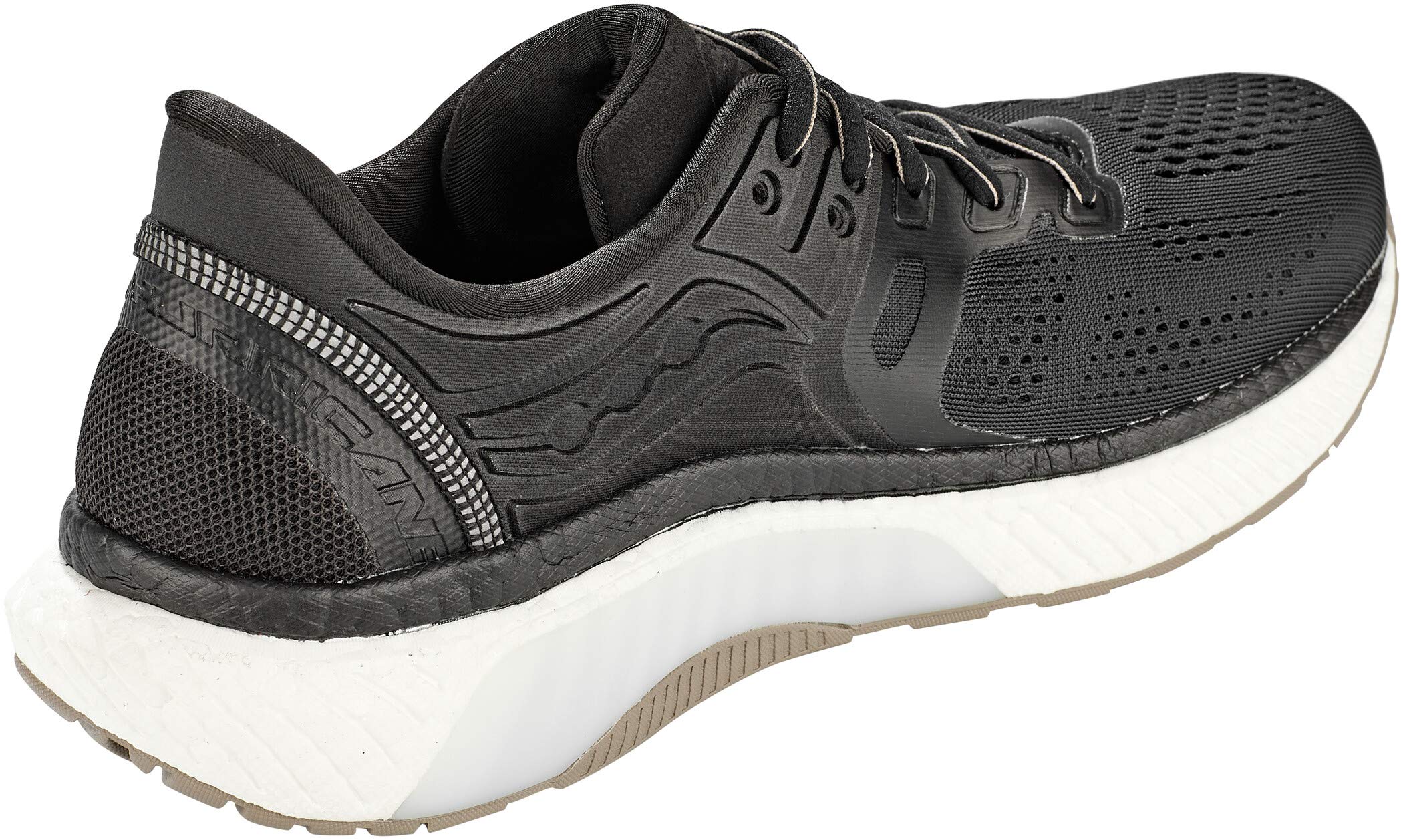 The Saucony Triumph 18 Running Shoe for men features a black mesh upper, reflective heel details, black laces, and a white/tan sole with PWRRUN+ cushioning. A supportive guidance frame is visible from the side and back.