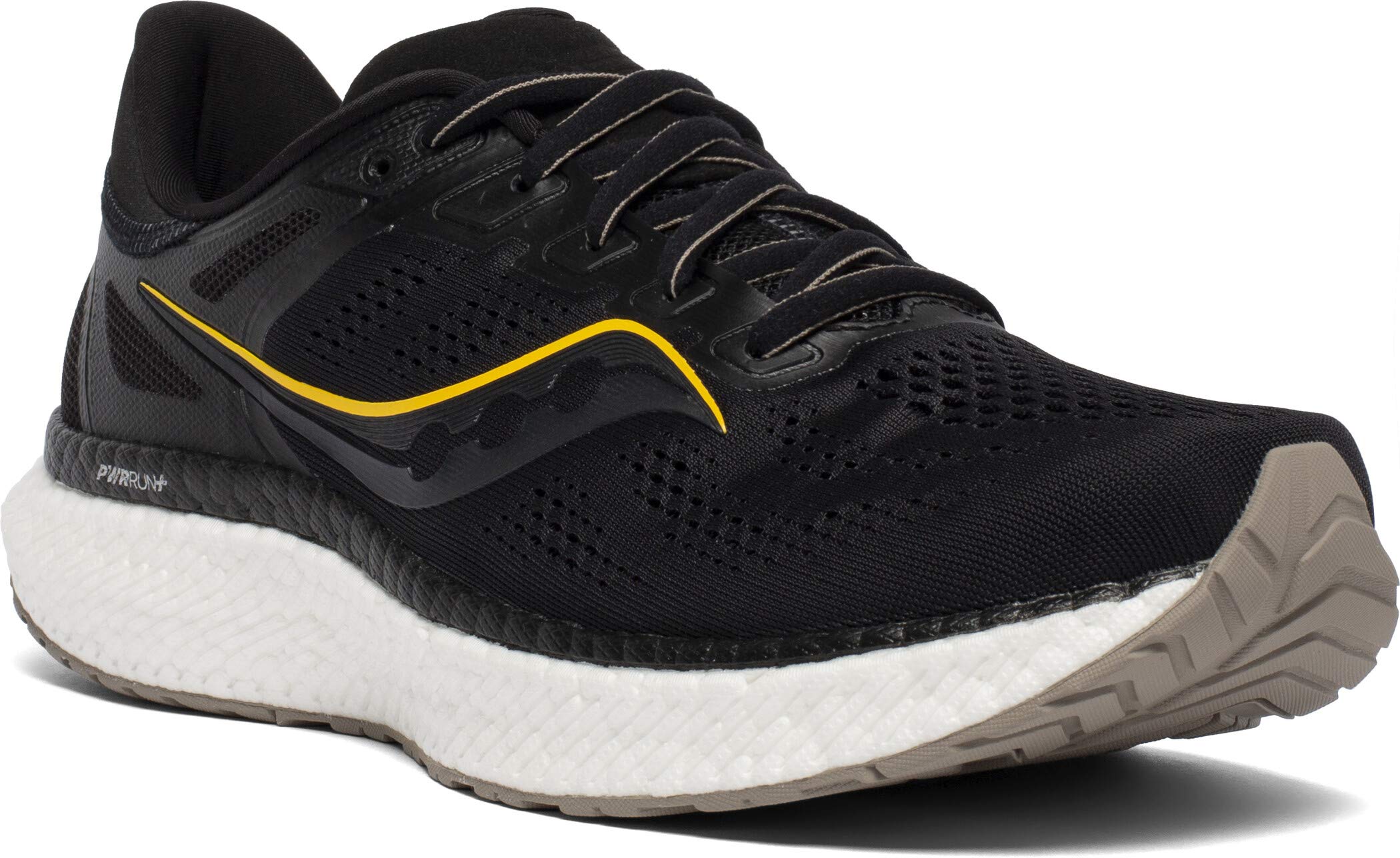 The Saucony Triumph 18 Running Shoe for men is a black luxury sneaker featuring yellow and gray wave detailing, PWRRUN+ cushioning, a white cushioned sole, and a tan rubber outsole.