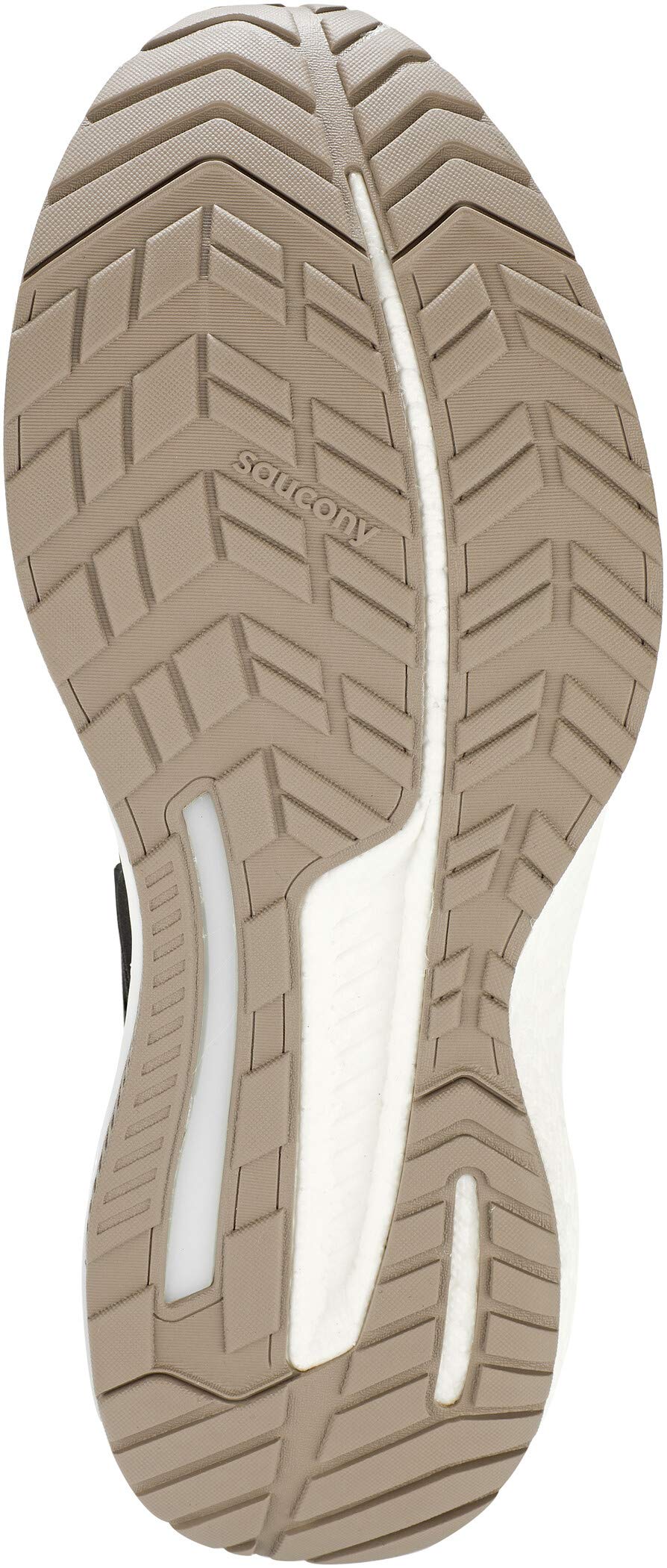 The image shows the beige rubber sole of the Saucony Triumph 18 Mens Running Shoe, featuring a textured geometric tread pattern and a white PWRRUN+ cushioned midsole.