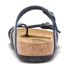 A rear view of the Birkenstock Mayari Oiled Leather sandal for women in navy blue, featuring adjustable straps, a contoured cork footbed, and a black rubber sole.