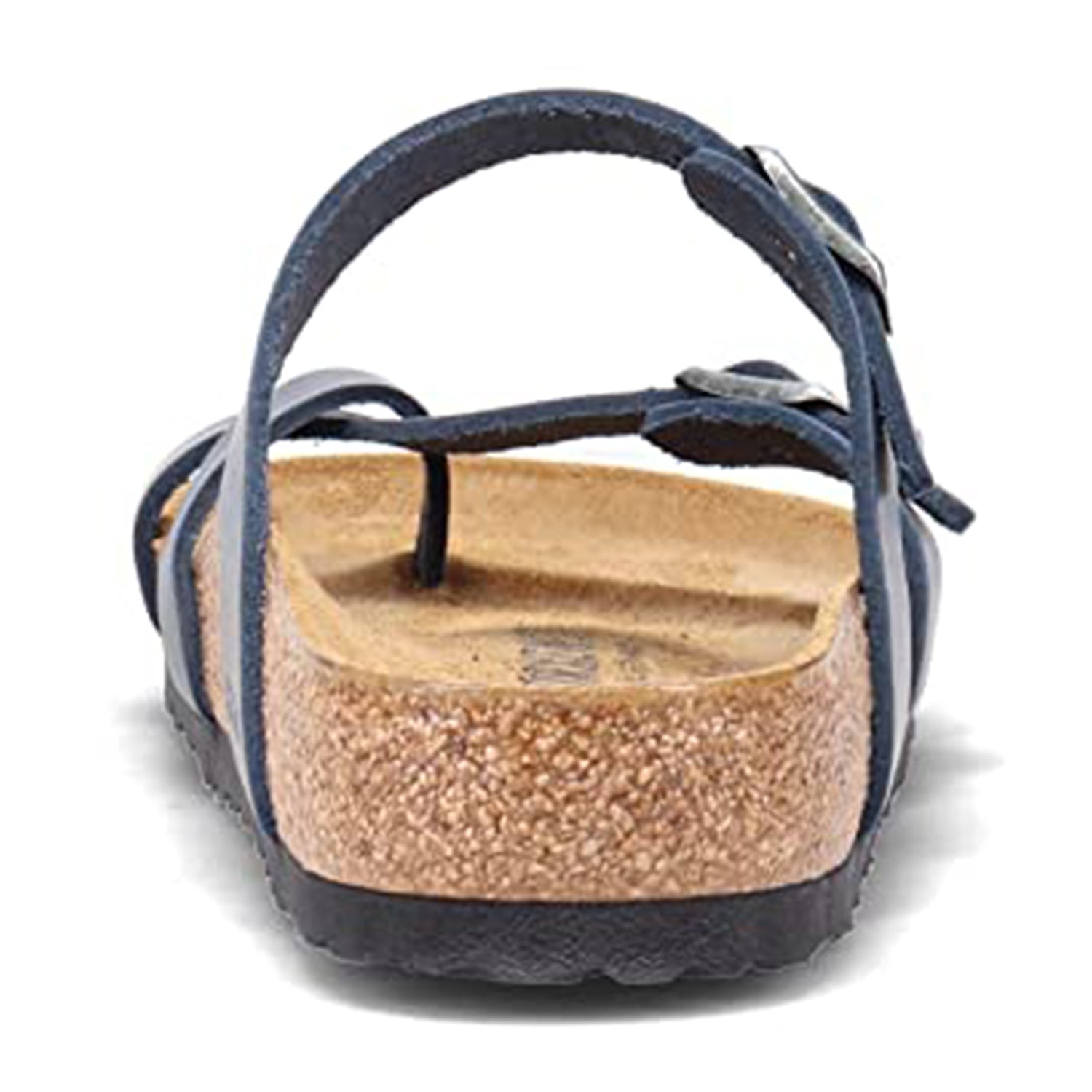 A rear view of the Birkenstock Mayari Oiled Leather sandal for women in navy blue, featuring adjustable straps, a contoured cork footbed, and a black rubber sole.