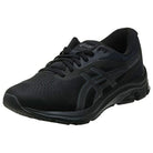 The ASICS GEL-PULSE 12 - Mens in black is a running shoe with a mesh upper, lace-up closure, textured rubber sole with GEL technology, and the ASICS logo on the side.