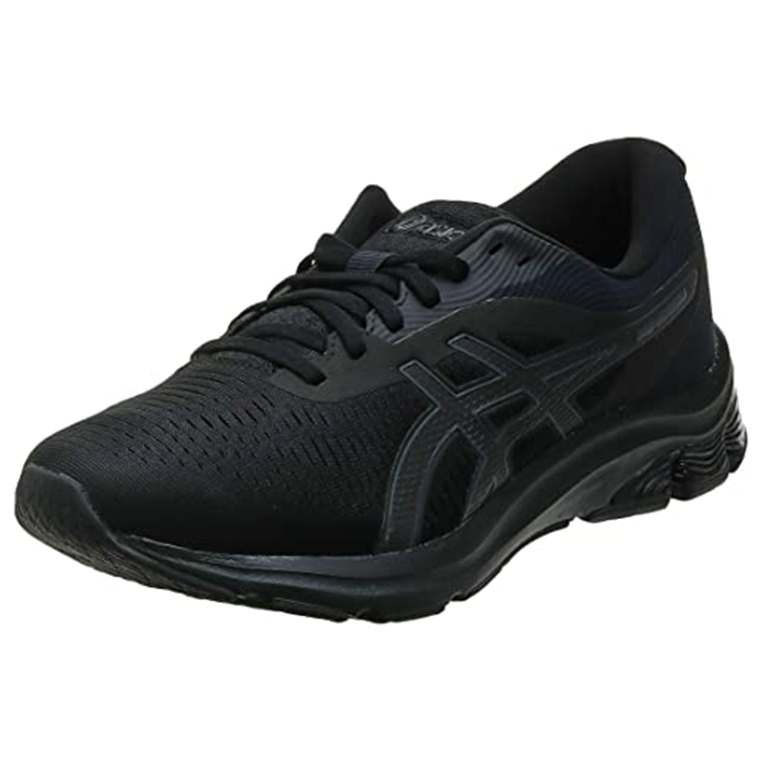 The ASICS GEL-PULSE 12 - Mens in black is a running shoe with a mesh upper, lace-up closure, textured rubber sole with GEL technology, and the ASICS logo on the side.