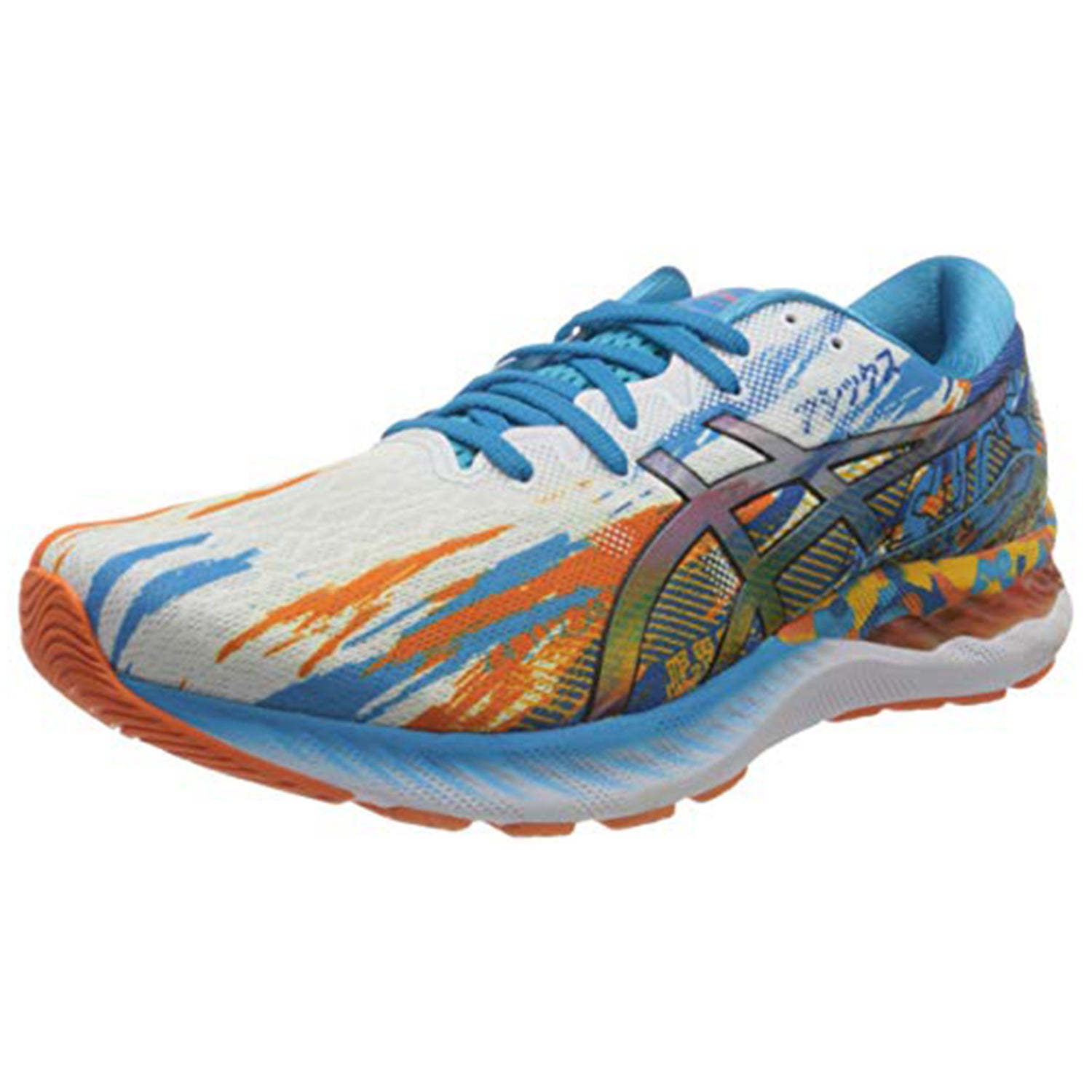 The ASICS Nimbus 23 - Mens is a running shoe in Digital Aqua Marigold Orange with a white upper, vibrant blue, orange, and yellow accents, blue laces, orange sole, and a black logo on the side for superior shock absorption.