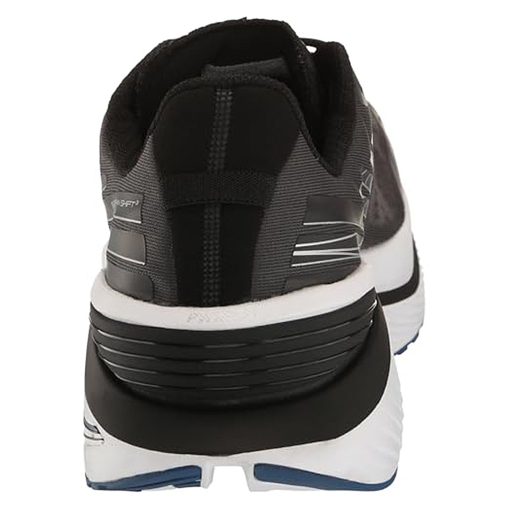 Rear view of the Saucony Endorphin Shift 3 - Men in black and gray with white and blue accents, showcasing the heel, sole, partial outsole pattern, and advanced PWRRUN foam cushioning against a white background.