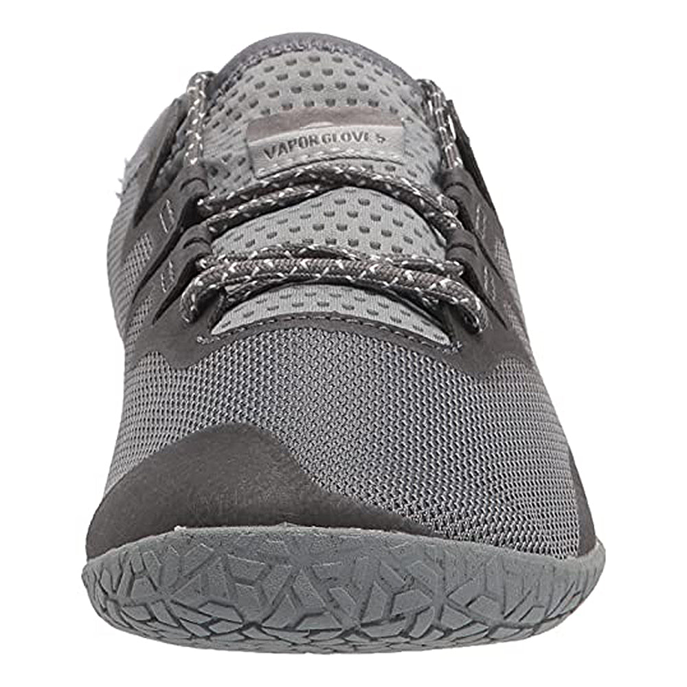 Front view of the Merrell Vapor Glove 5 - Men in gray, featuring a mesh upper, textured sole, and patterned laces. The tongue label displays Vapor Glove 5, emphasizing its minimalist, barefoot-inspired design.