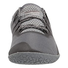 Front view of the Merrell Vapor Glove 5 - Men in gray, featuring a mesh upper, textured sole, and patterned laces. The tongue label displays Vapor Glove 5, emphasizing its minimalist, barefoot-inspired design.