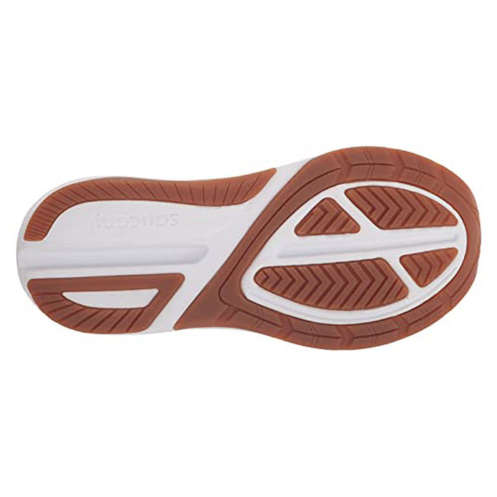 The image displays the bottom of the Saucony Echelon 9 Running Shoe - Womens, featuring a brown and white outsole with herringbone and geometric tread designs for traction, built on Saucony’s Echelon foundation platform for added stability.