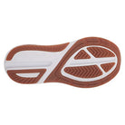 The image displays the bottom of the Saucony Echelon 9 Running Shoe - Womens, featuring a brown and white outsole with herringbone and geometric tread designs for traction, built on Saucony’s Echelon foundation platform for added stability.