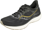 The Saucony Triumph 18 Running Shoe - Mens features a black mesh upper for breathability, white sole, yellow accent stripe, PWRRUN+ cushioning, black laces, cushioned heel, and a guidance frame for stability.