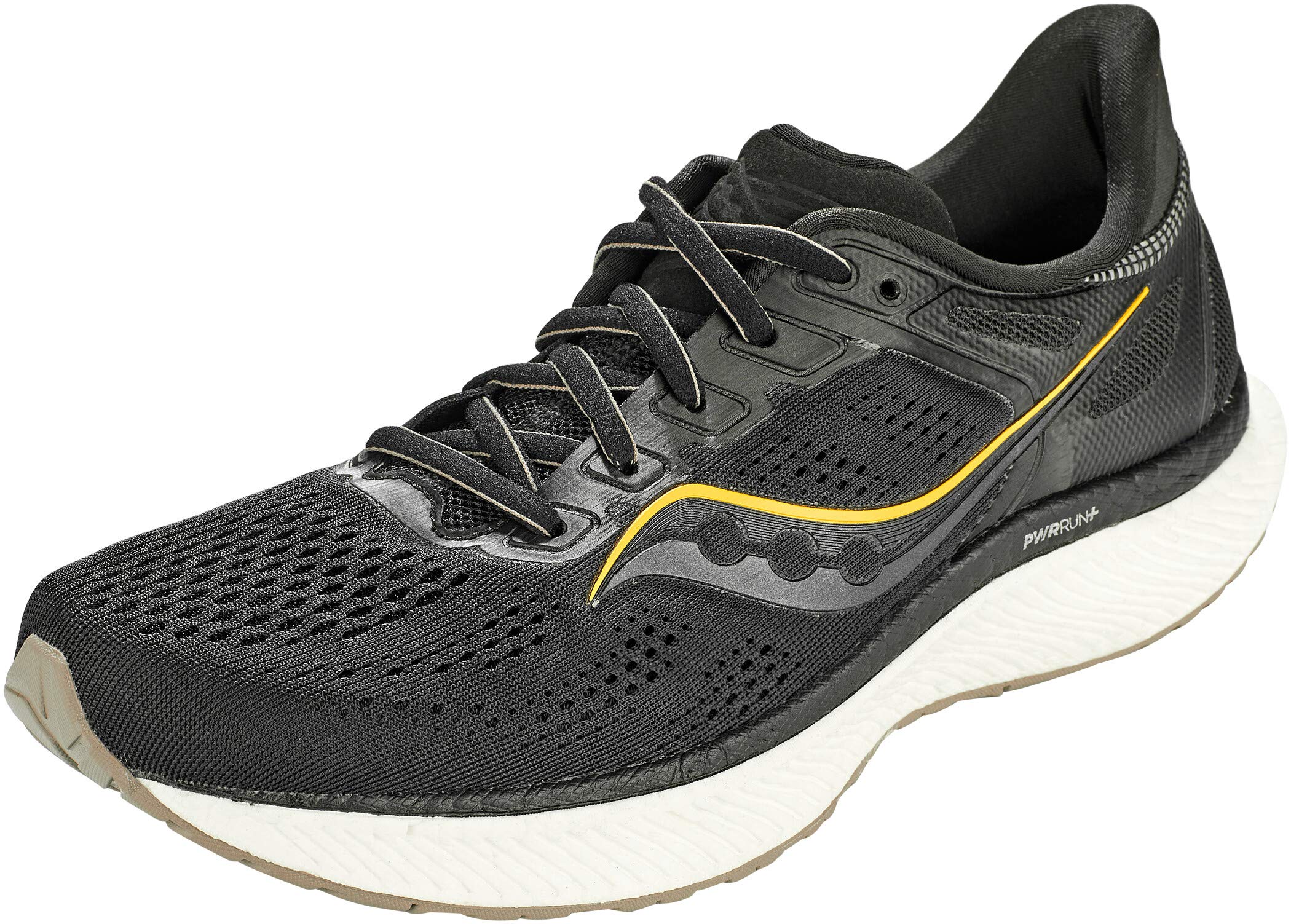 The Saucony Triumph 18 Running Shoe - Mens features a black mesh upper for breathability, white sole, yellow accent stripe, PWRRUN+ cushioning, black laces, cushioned heel, and a guidance frame for stability.