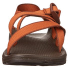 A front view of the Chaco Z/Cloud - Women sandal with brown soles and orange crisscrossing straps, featuring a textured, podiatrist-certified footbed and adjustable straps for a customizable fit.