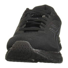 A front view of the ASICS GEL-PULSE 12 - Mens running shoe in black, displaying the toe, laces, part of the textured sole with advanced GEL technology for comfort, and the ASICS logo on the side.
