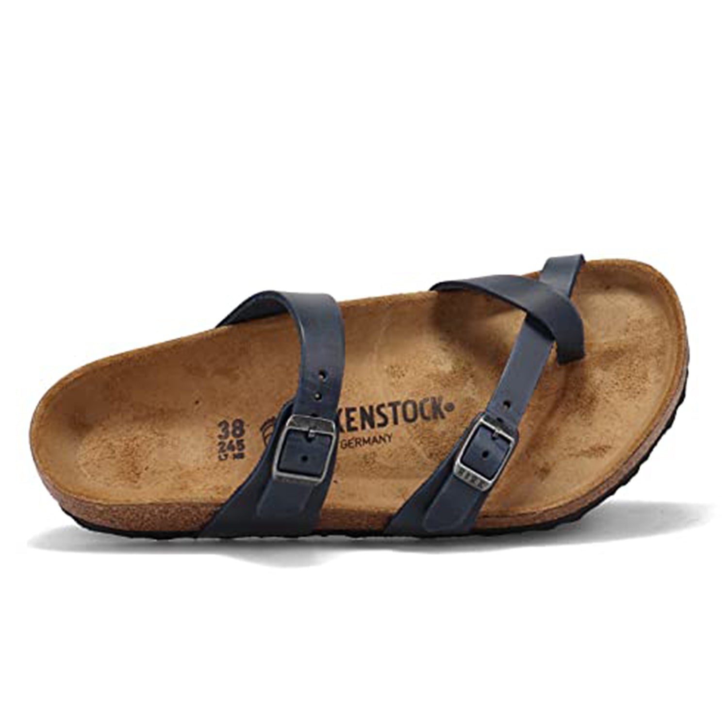 The Birkenstock Mayari Oiled Leather sandal for women features two adjustable dark blue oiled leather straps and a supportive contoured footbed, displayed from the side on a white background.