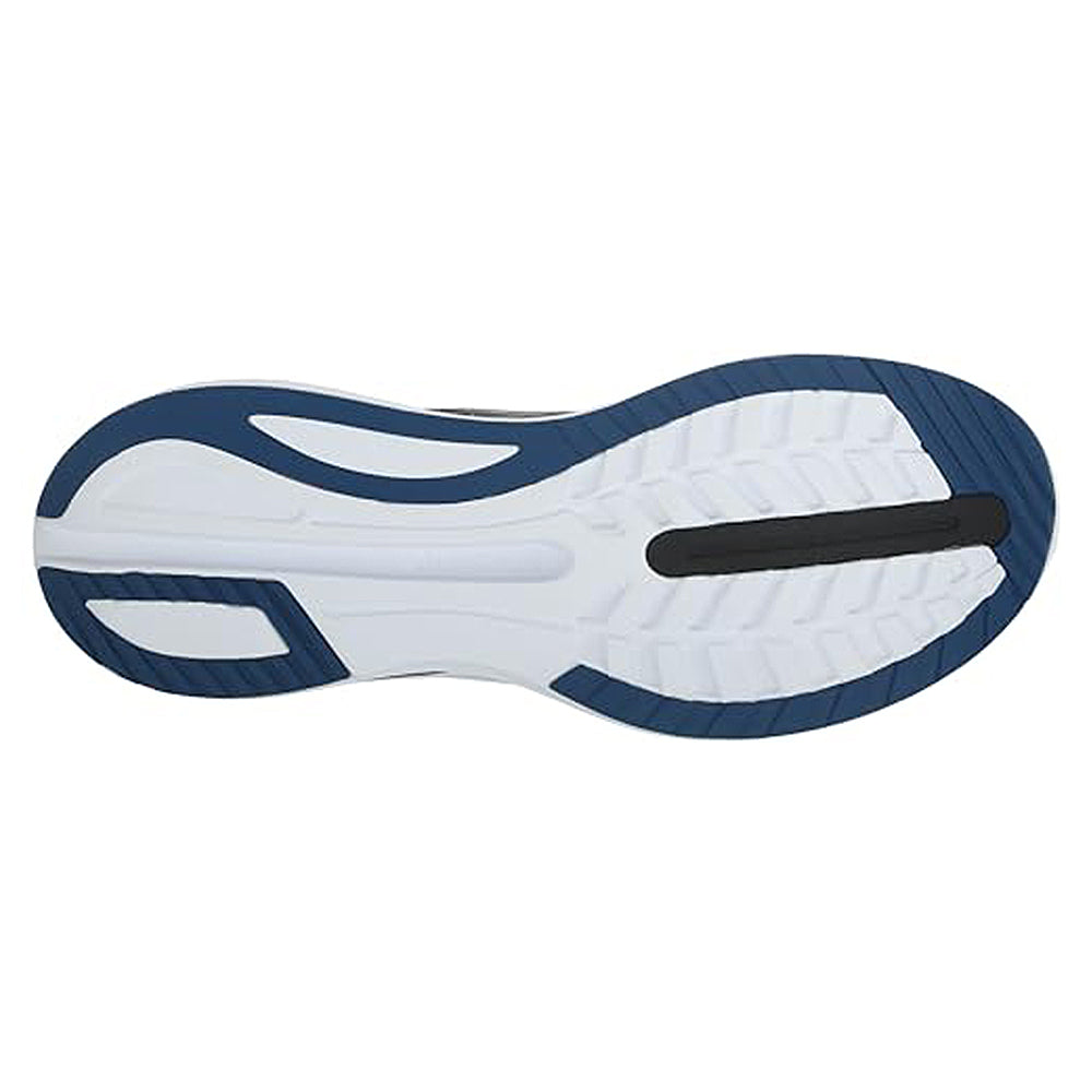 The image shows the sole of the Saucony Endorphin Shift 3 - Men, with a white base, blue accents, and a black stripe. The tread has grooves for grip, while PWRRUN foam provides added comfort and support.