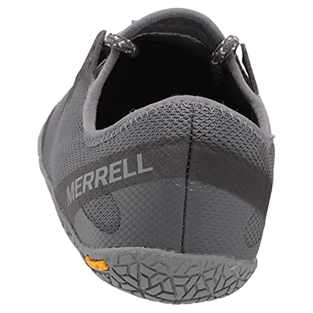 Rear view of the Merrell Vapor Glove 5 - Men barefoot shoe in gray, showing a textured sole, side heel MERRELL branding, and a back pull tab. This minimalist design is built for comfort and natural movement.