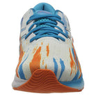 A front view of the ASICS Nimbus 23 - Mens running shoe, showcasing blue laces, a white upper with blue and orange streaks, and an orange sole with textured ridges for improved shock absorption.
