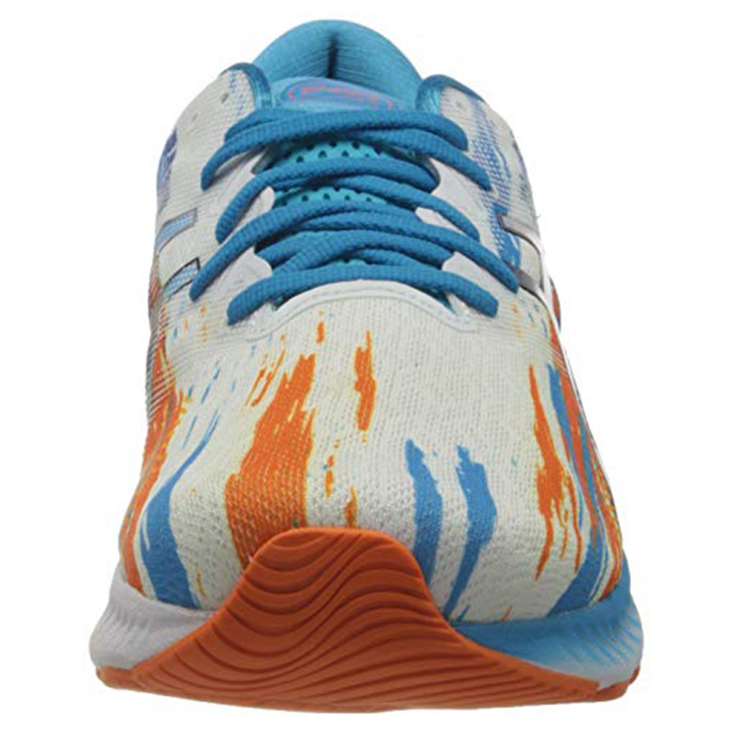 A front view of the ASICS Nimbus 23 - Mens running shoe, showcasing blue laces, a white upper with blue and orange streaks, and an orange sole with textured ridges for improved shock absorption.