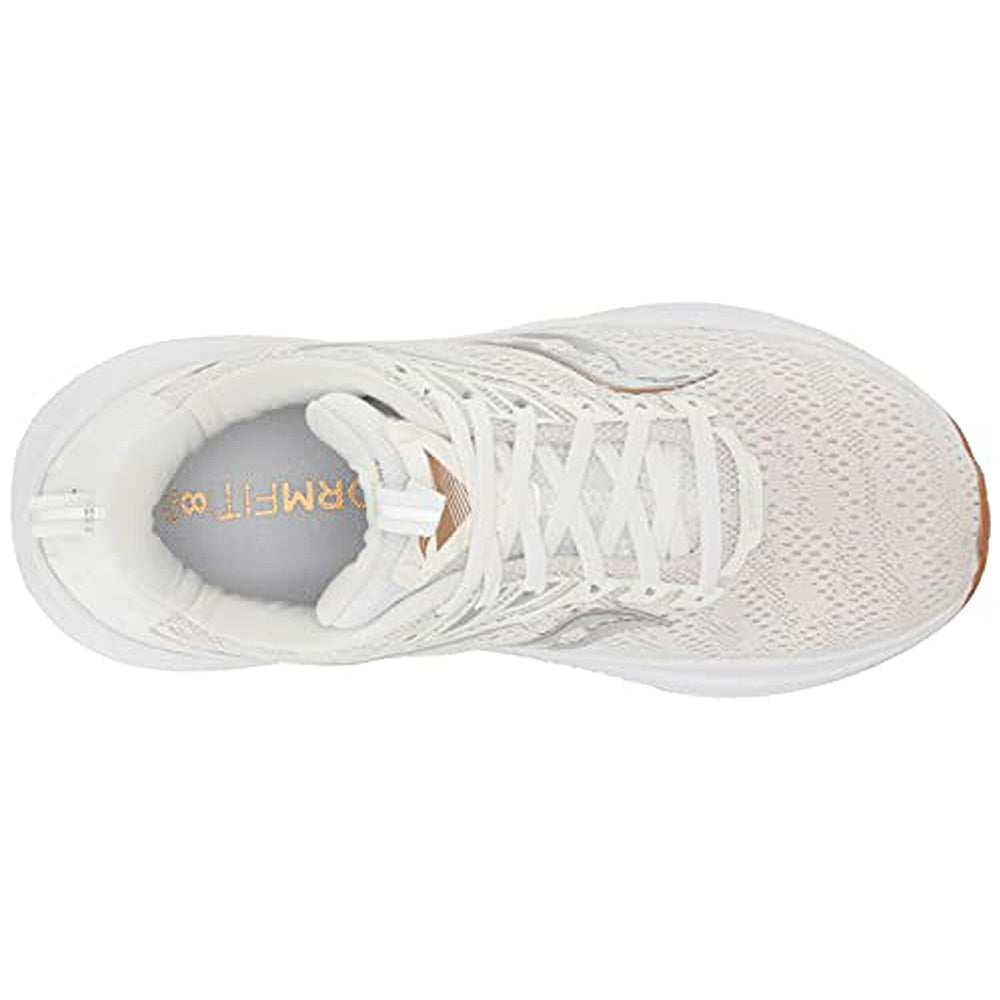 Top view of the Saucony Echelon 9 Running Shoe - Womens, featuring a seamless white upper, white laces, slightly brown outsole, gold FORMFIT insole branding, and a supportive foundation platform for enhanced comfort.
