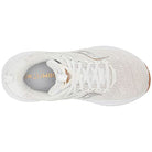 Top view of the Saucony Echelon 9 Running Shoe - Womens, featuring a seamless white upper, white laces, slightly brown outsole, gold FORMFIT insole branding, and a supportive foundation platform for enhanced comfort.