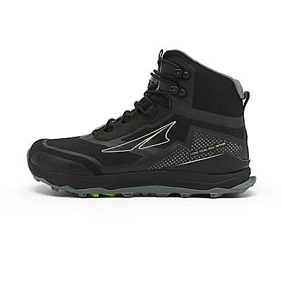 The Altra Lone Peak All-Weather Mid Hiking Boots for women in black feature rugged tread, ankle support, durable weather-resistant design, gray and subtle green-accented soles, and a white logo on the side, displayed on a white background.