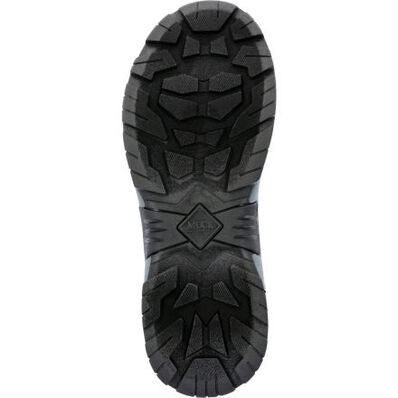 The Original Muck Boot Company’s Apex Mid Zip - Men features a black and gray rugged sole with deep, geometric treads for strong grip and traction in demanding outdoor conditions.
