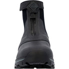 Front view of the Apex Mid Zip - Men by The Original Muck Boot Company, a black waterproof boot with a central zipper, rugged sole, and MUCK patch near the top—ideal for work or hunting.