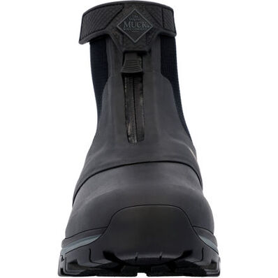 Front view of the Apex Mid Zip - Men by The Original Muck Boot Company, a black waterproof boot with a central zipper, rugged sole, and MUCK patch near the top—ideal for work or hunting.
