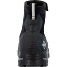 A rear view of The Original Muck Boot Companys Apex Mid Zip - Men outdoor boot in black rubber, showcasing a reflective strip, rugged sole, and branded logo on the heel.