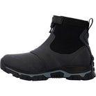 The Apex Mid Zip - Men by The Original Muck Boot Company is a black, rugged ankle-high waterproof boot with a thick textured sole, elastic side panels, and a top strap featuring a hook-and-loop closure.