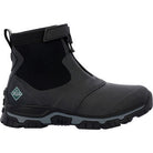 The Apex Mid Zip - Men by The Original Muck Boot Company is a black, ankle-high outdoor boot featuring a rugged sole, side logo patch, front zipper, and adjustable ankle strap—perfect for outdoor activities in any weather.