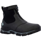 The Apex Mid Zip - Men by The Original Muck Boot Company is a black/dark shadow slip-on ankle boot with a rugged textured sole, front zipper closure, pull tab at the back, and subtle branding near the heel.