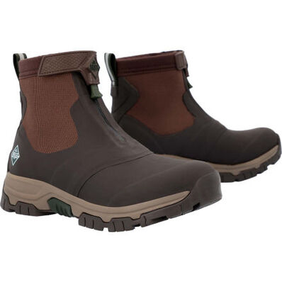 The Apex Mid Zip - Men by The Original Muck Boot Company are brown, ankle-high outdoor boots with rugged soles, elastic side panels, front zippers, tan midsoles, and a green logo on the side.