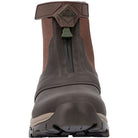 Front view of The Original Muck Boot Company Apex Mid Zip - Men: a rugged, brown ankle-high waterproof boot with thick sole, zipper closure, pull loop, rubber lower section, and textured upper for high-performance outdoor use.