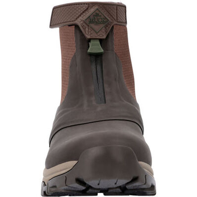 Front view of The Original Muck Boot Company Apex Mid Zip - Men: a rugged, brown ankle-high waterproof boot with thick sole, zipper closure, pull loop, rubber lower section, and textured upper for high-performance outdoor use.