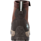 The Apex Mid Zip - Men by The Original Muck Boot Company is a brown and dark gray outdoor boot with a reflective pull tab, rugged tread, and a small diamond logo near the heel. Back view shown.