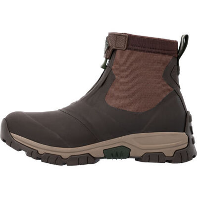The Apex Mid Zip - Men by The Original Muck Boot Company is a brown and dark gray outdoor boot with a rugged sole, zippered front, elastic side panels, and heel pull tab—durable and expertly crafted for tough outdoor use.