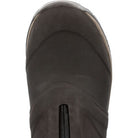 Close-up top view of the toe and upper of The Original Muck Boot Company Apex Mid Zip - Men, a dark high-performance outdoor boot featuring a smooth texture and a vertical black center zipper.