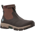 The Apex Mid Zip - Men by The Original Muck Boot Company is a dark brown waterproof boot featuring a rugged sole, side zippers, pull tab, and a small green and white logo—designed for comfort and durability outdoors.