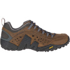 The Merrell Intercept - Men is a brown and gray multi-sport shoe with black laces, a rugged black Vibram sole, breathable mesh panels, and reinforced toe and heel, shown from the side.