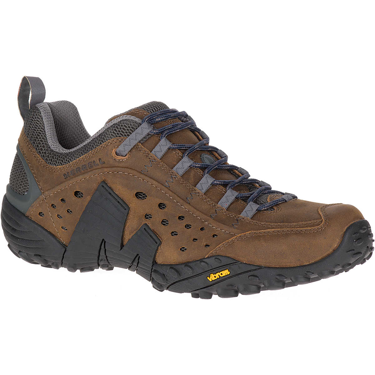 The Merrell Intercept - Men in Dark Earth features a black Vibram sole, gray mesh accents, blue laces, and perforated side ventilation for versatile trail performance.