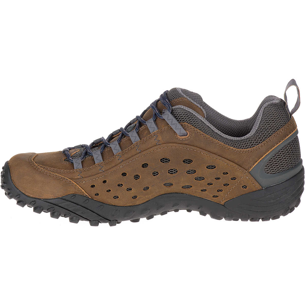 The Merrell Intercept - Men features a brown and gray design, black laces, mesh around the ankle, perforated sides for breathability, and a rugged black rubber sole for superior grip.