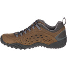The Merrell Intercept - Men features a brown and gray design, black laces, mesh around the ankle, perforated sides for breathability, and a rugged black rubber sole for superior grip.