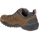 A brown and gray Merrell Intercept - Men trail shoe with black laces, mesh accents, and a textured rubber sole is shown from the back and side.